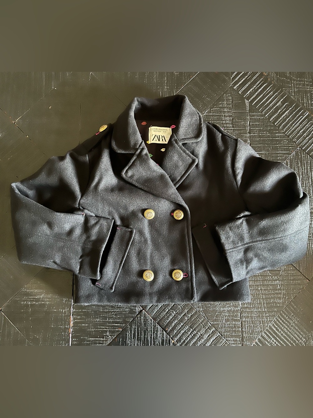 ZARA Black Cropped Double Breasted Peacoat Jacket Girls Size 9